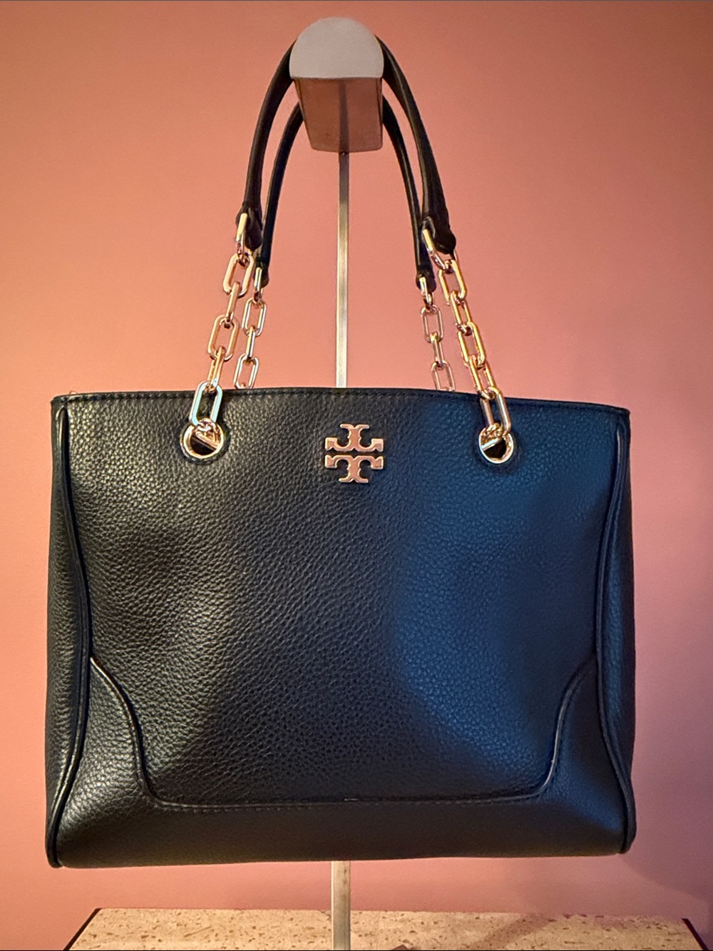 Tory Burch Black Leather Tote Crossbody with Gold Chain Accents